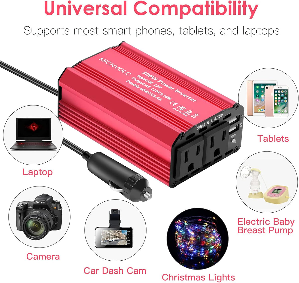 Power Inverter DC 12V to 110V AC 300W Car Inverter Charger with 5.4A Dual USB Pack of 2 T1486