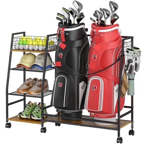 Golf Bag Storage Rack with Wheels, Black Y40571