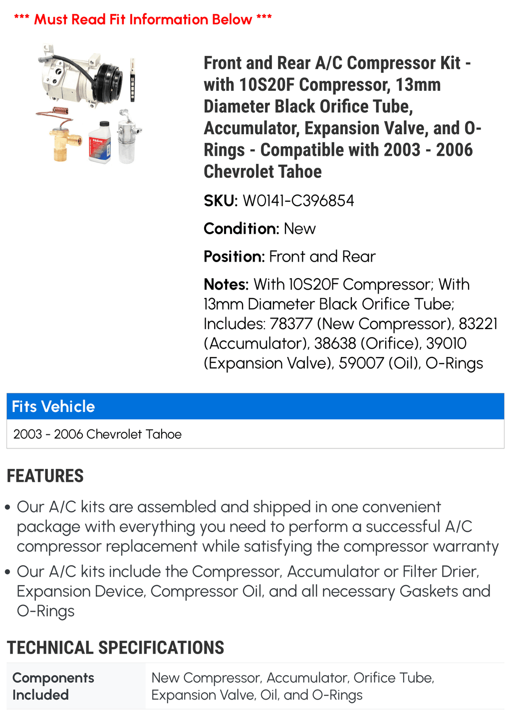 A/C Compressor Kit with 10S20F Compressor, 13mm Diameter Black Orifice Tube, Accumulator, Expansion Valve, and O-Rings Z9609