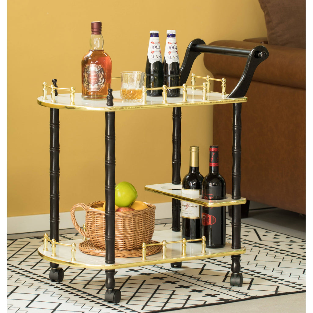 Gold Black and White Wood Serving Bar Cart with 2 Tier Shelves and Rolling Wheels V9297
