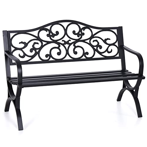 50 Inches Cast Iron Metal Patio Bench with Floral Pattern Backrest N6922
