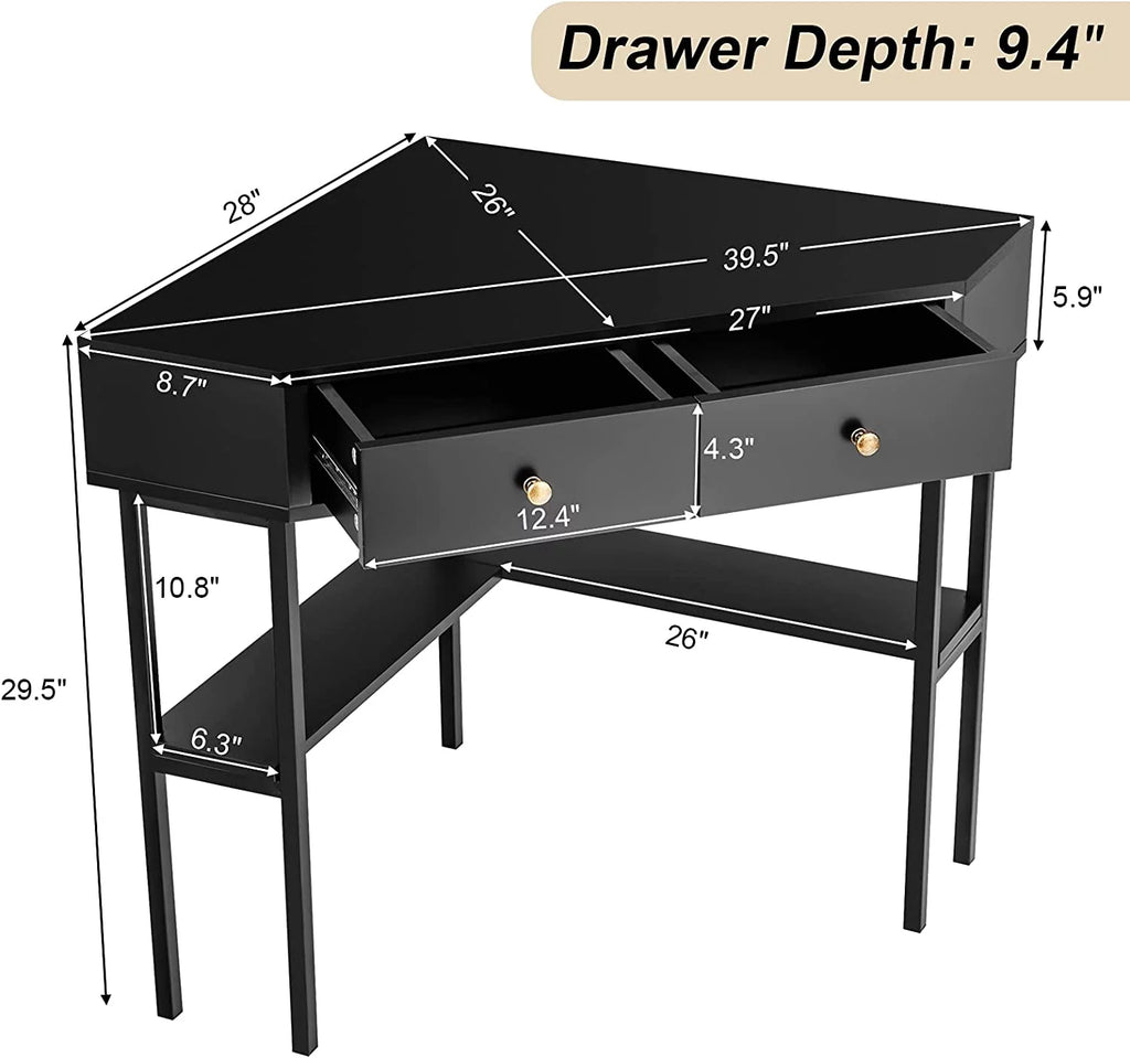 Corner Desk with 2 Drawers, Storage Shelves & Steel Frame S366