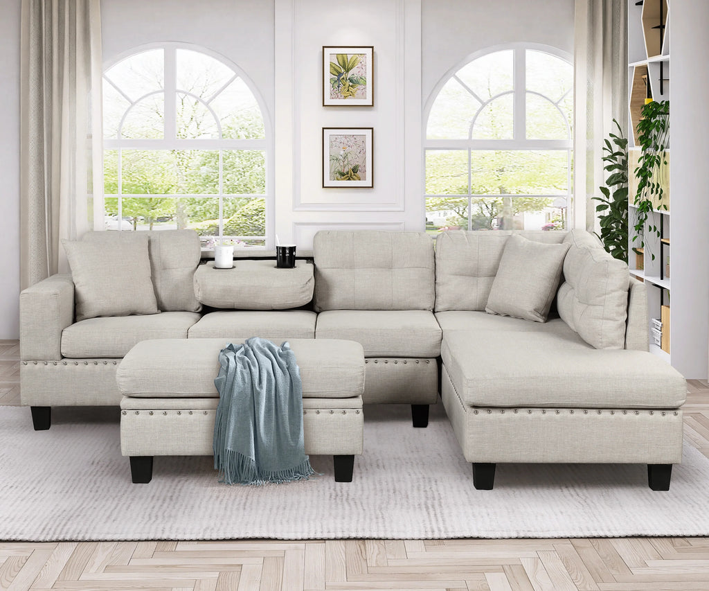 Light Gray Sectional Sofa with Storage Ottoman and Cup Holder O628309
