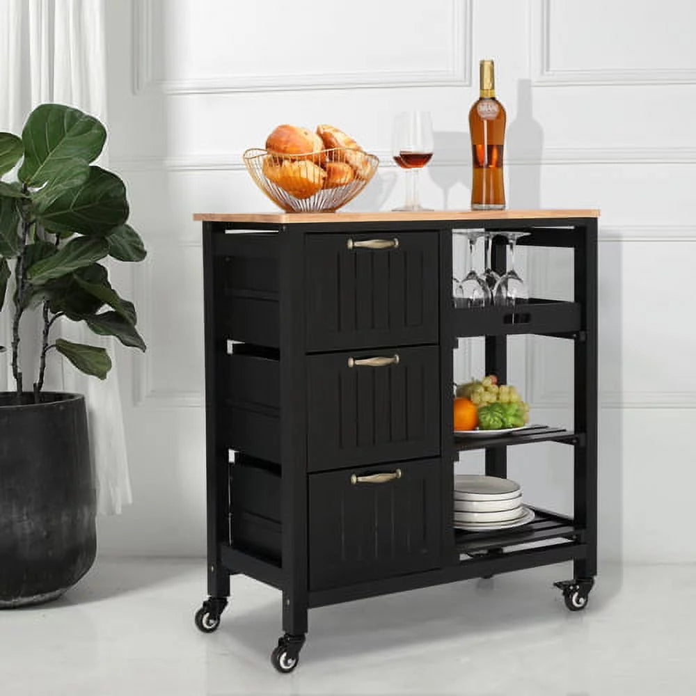 Black Rolling Kitchen Island Cart with 3 Drawers H93656