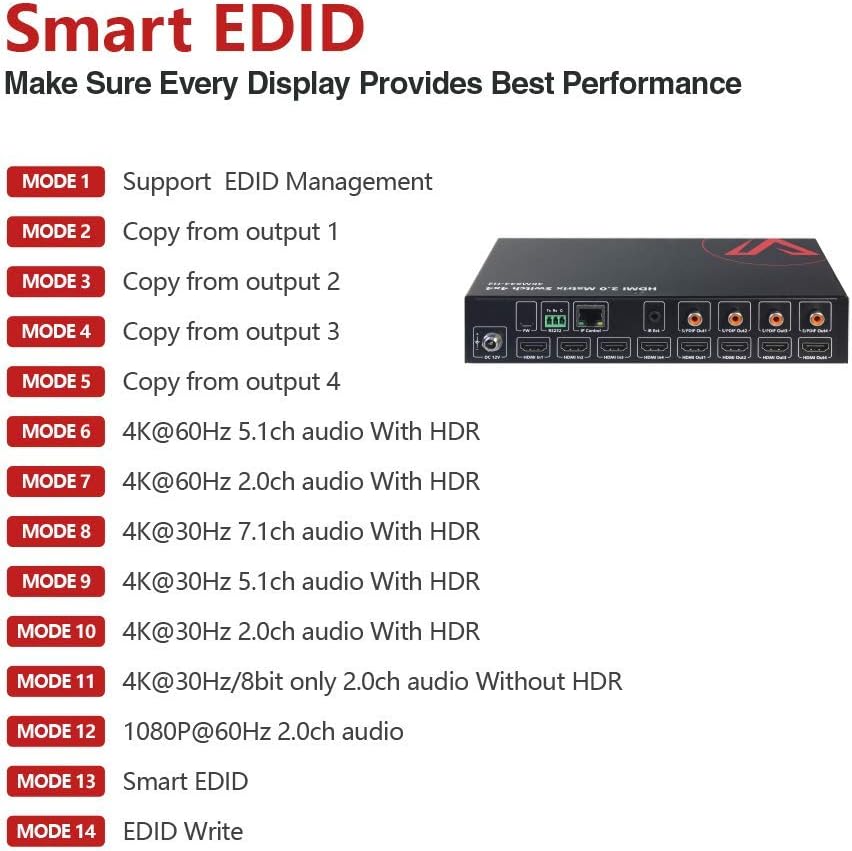 HDMI Matrix 4x4 4K@60Hz 4:4:4 HDR Dolby Vision CEC Audio Extraction SPDIF 5.1CH Downscaler HDCP2.2 IR Remote RS232 O933108
