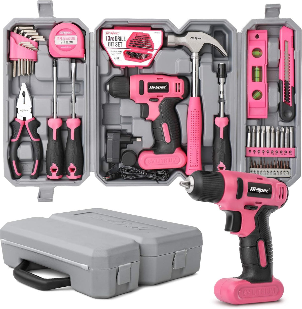 58 Piece Red 8V Power Drill Screwdriver & Household DIY Tool Kit U678