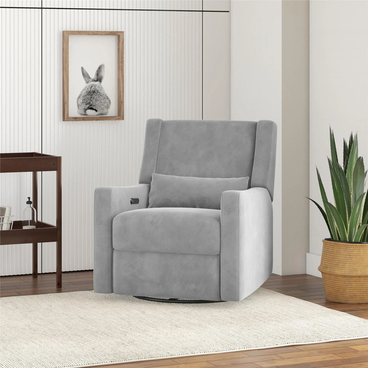 Gray Velvet Swivel Glider Recliner with USB Ports T655