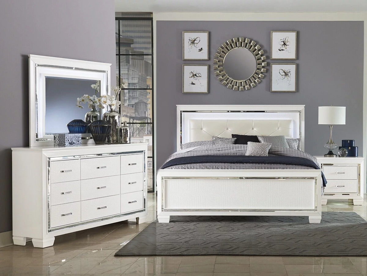 White 4pc Eastern King Bedroom Set with LED Headboard Nightstand Dresser Mirror P144338