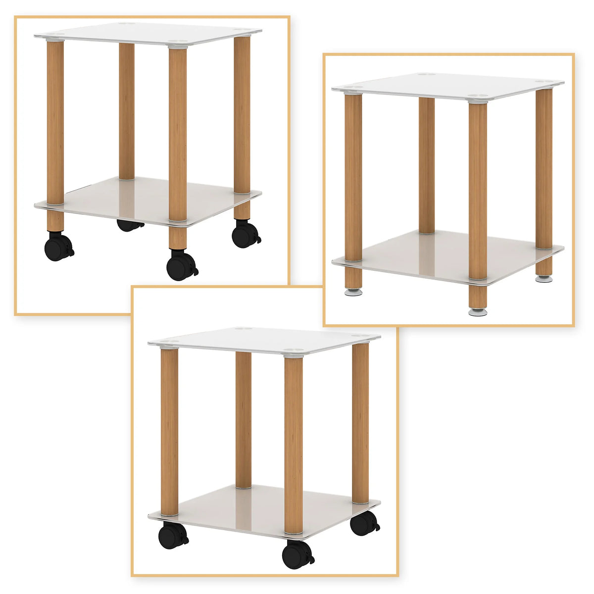 2-Tier Square Side Table Set of 2 with Glass Shelves and Wheels A3192