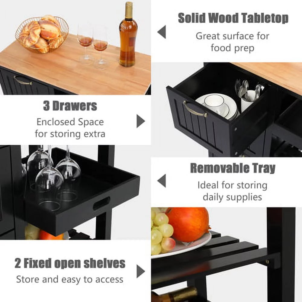 Black Rolling Kitchen Island Cart with 3 Drawers H93656