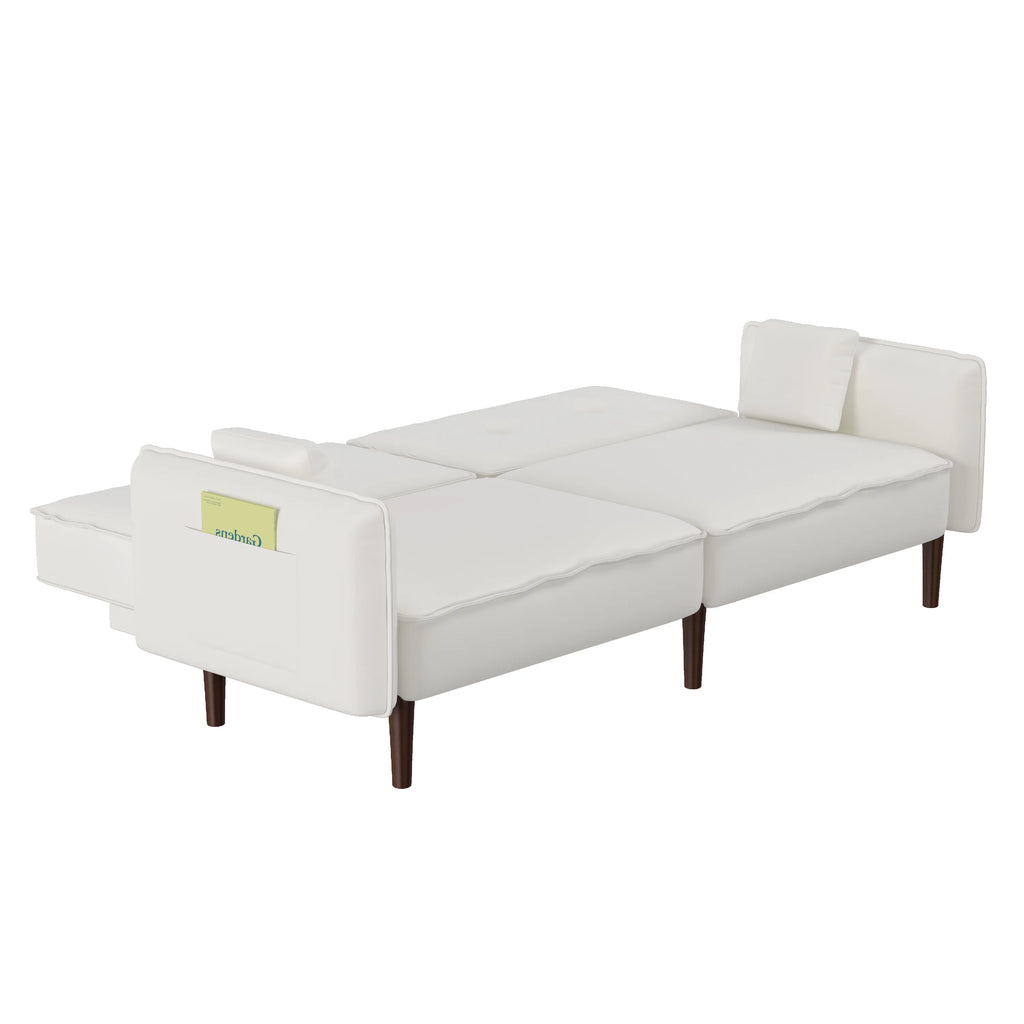 White Fabric Folding Futon Sofa Bed with Solid Wood Legs M6945