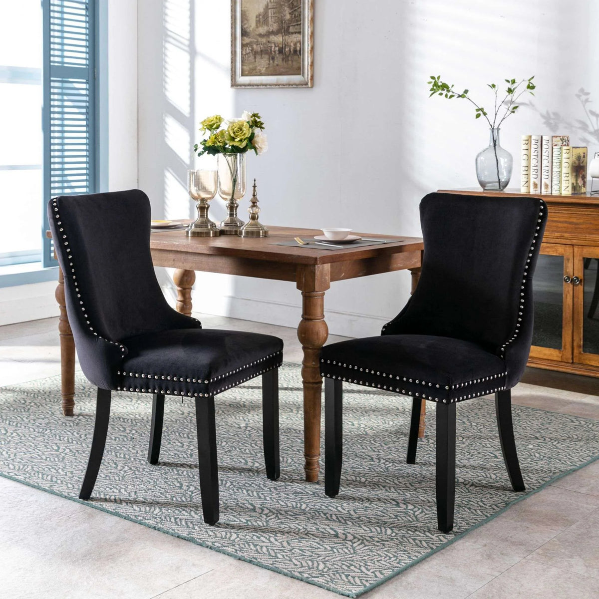 Button Tufted Upholstered Dining Chairs with Nailhead, Solid Wood Legs (Set of 2) U76960