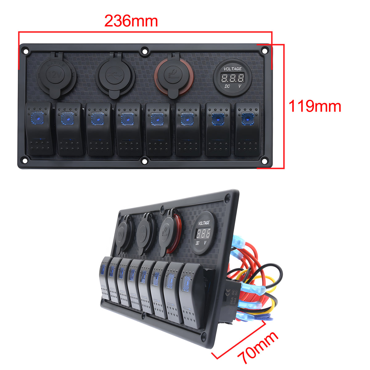 8 Gang Blue Backlit 12V Pre-wired Switch Panel with Dual USB Charger Digital Voltmeter Cigarette Lighter R905350