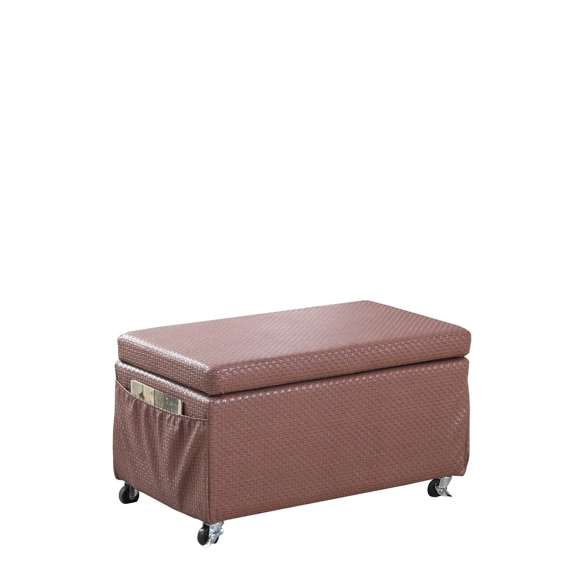 Auburn Brown Basketweave Leatherette Storage Bench with Side Pockets and Caster Wheels H682579