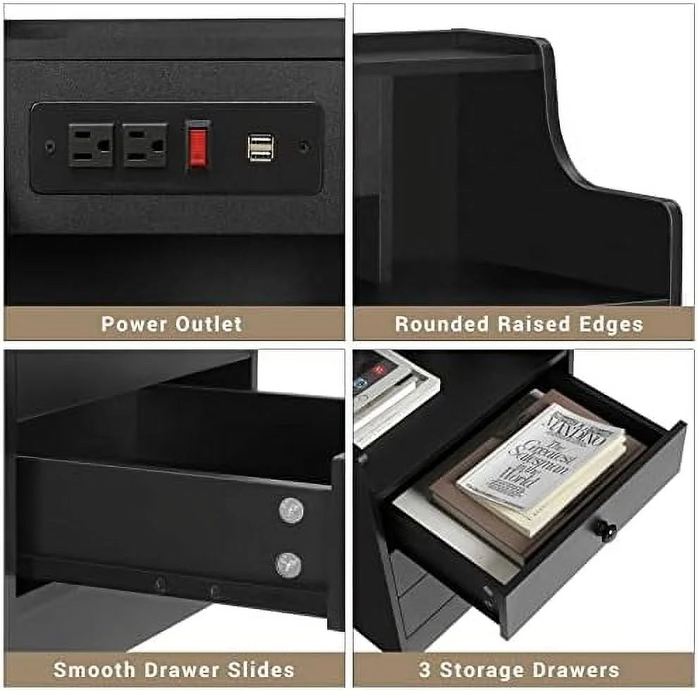 Black 3 Drawer Wood Nightstand with Charging Station L887825