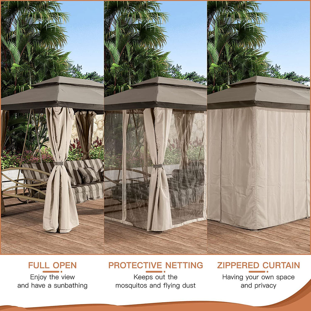 3 Person Double Top Outdoor Patio Gazebo Swing with Netting & Curtain M339