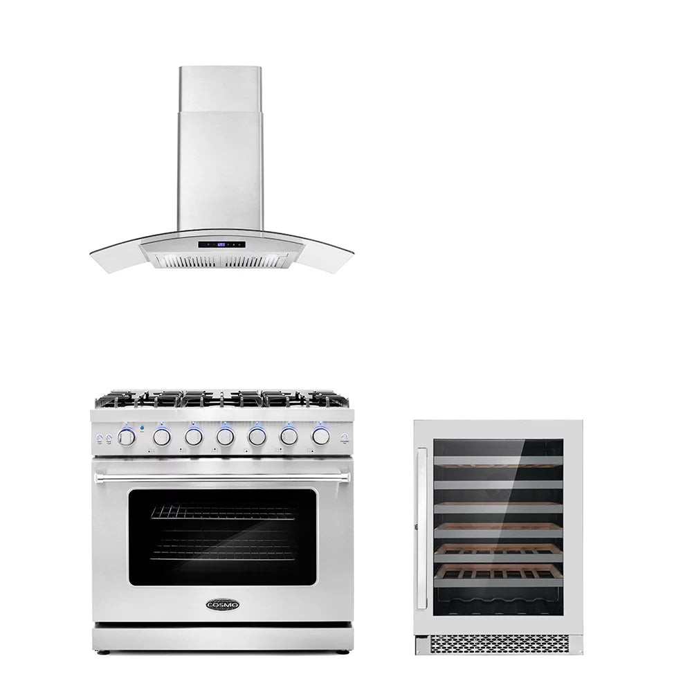 3 Piece Kitchen Appliance Package with Gas Range Range Hood and Wine Refrigerator T75654