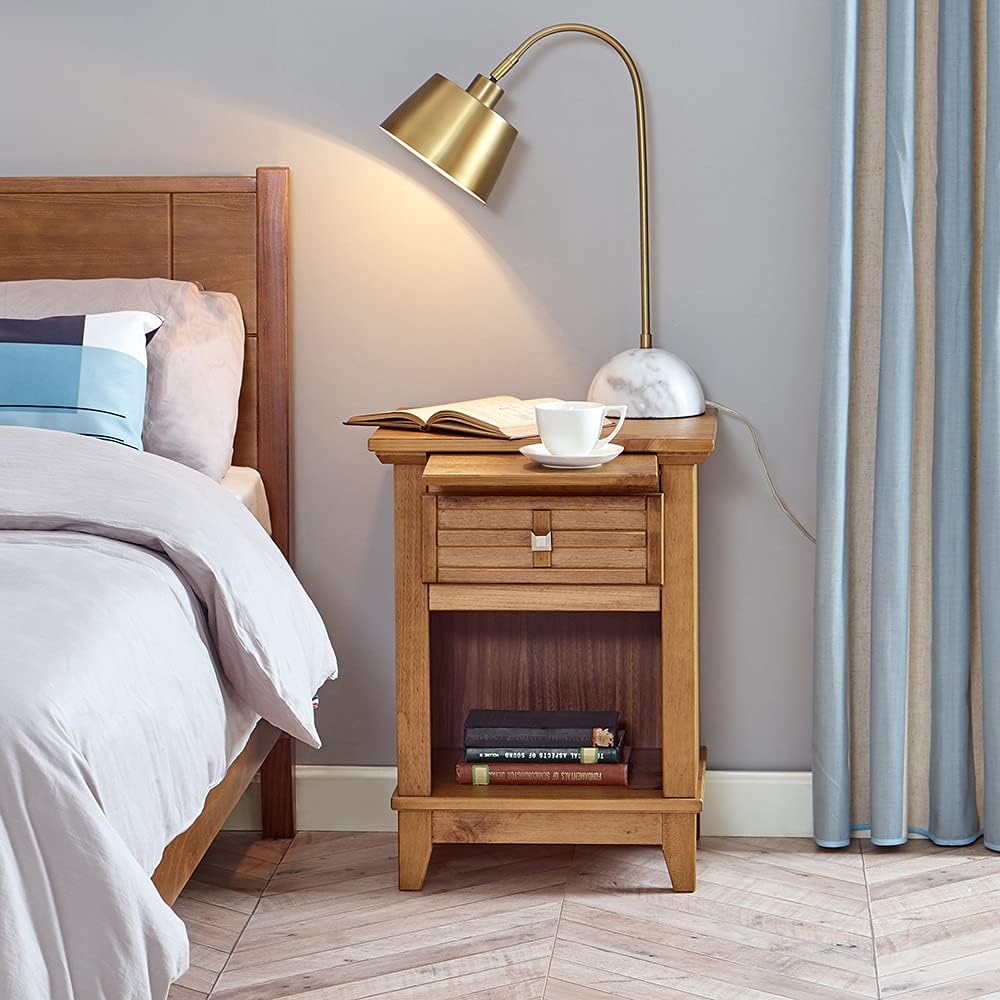 Teak Finish Wood Nightstand with Drawer and Pull-Out Tray S1828