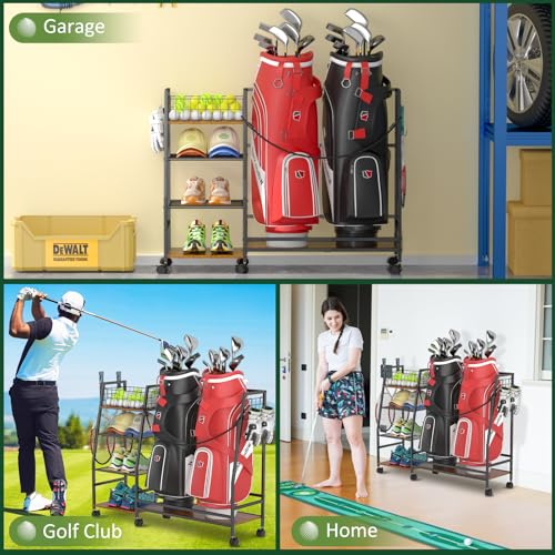 Golf Bag Storage Rack with Wheels, Black Y40571