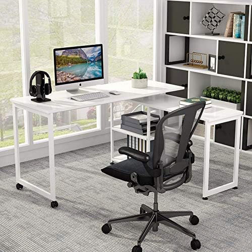L-Shaped Desk 55 inch Reversible Corner Computer Desk with Shelves White A71229