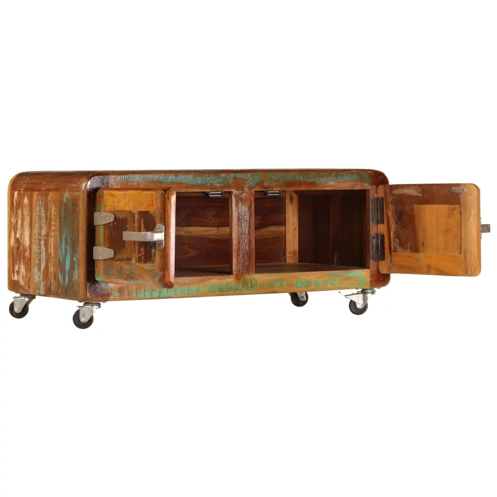 Rustic Coffee Table with Storage Cabinet and Wheels Reclaimed Wood S45260