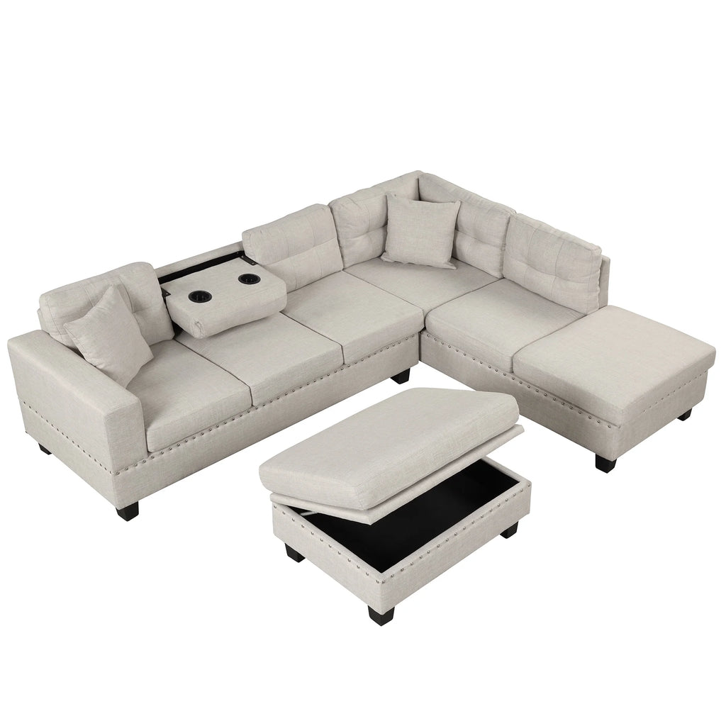 Light Gray Sectional Sofa with Storage Ottoman and Cup Holder O628309