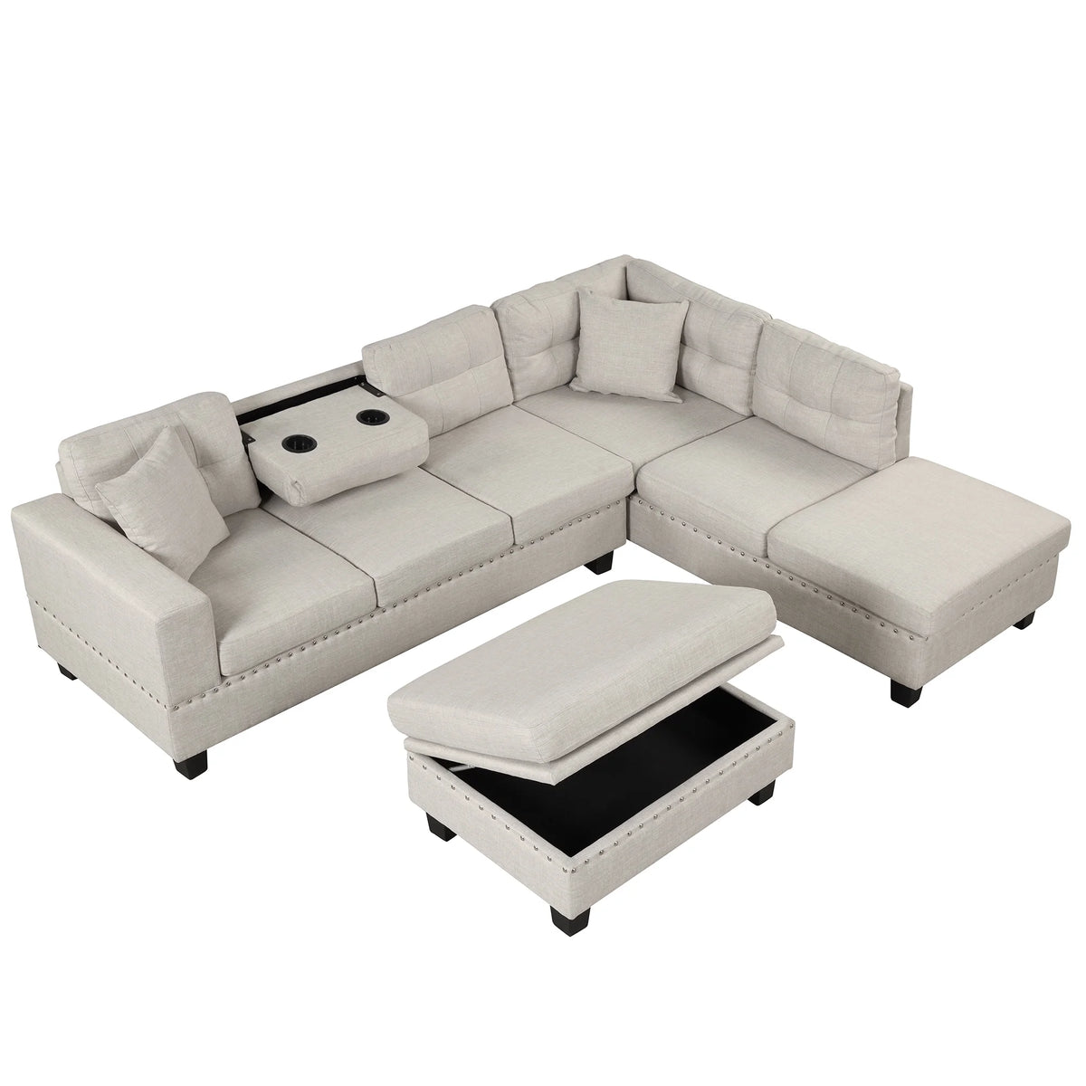 Light Gray Sectional Sofa with Storage Ottoman and Cup Holder O628309