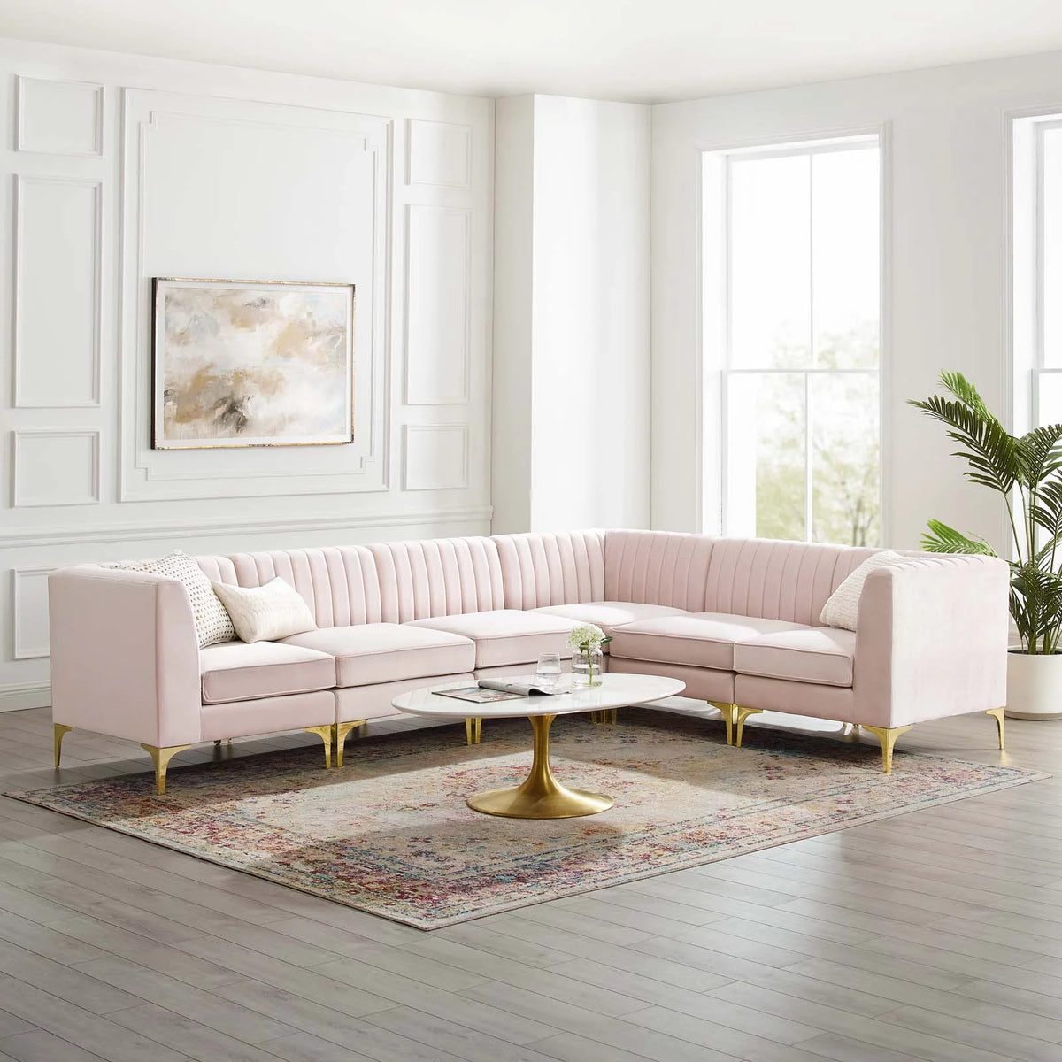 Pink Velvet 6-Piece Sectional Sofa P56804