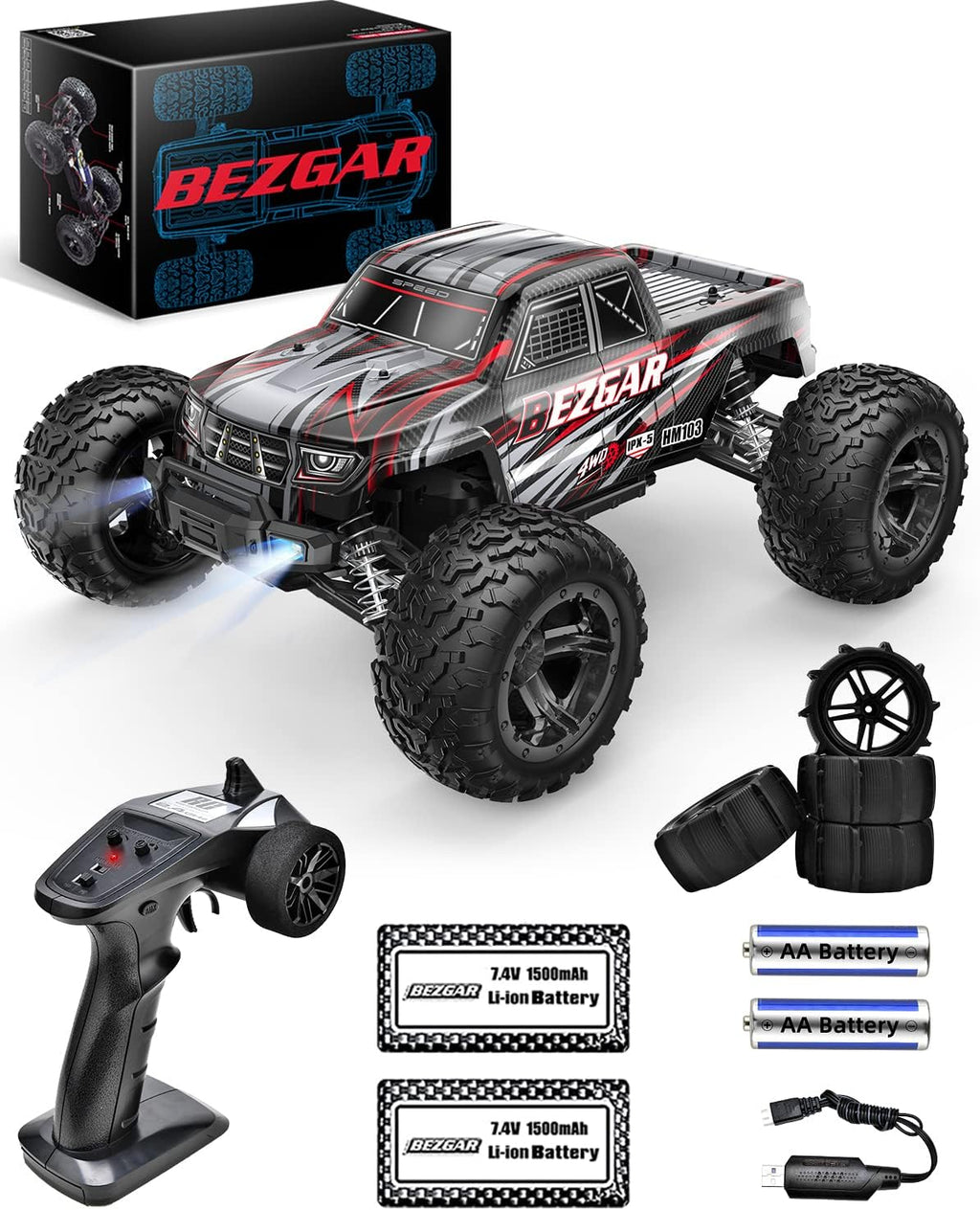 Remote Control Truck 4WD Waterproof RC Car with 2 Rechargeable Batteries V6940