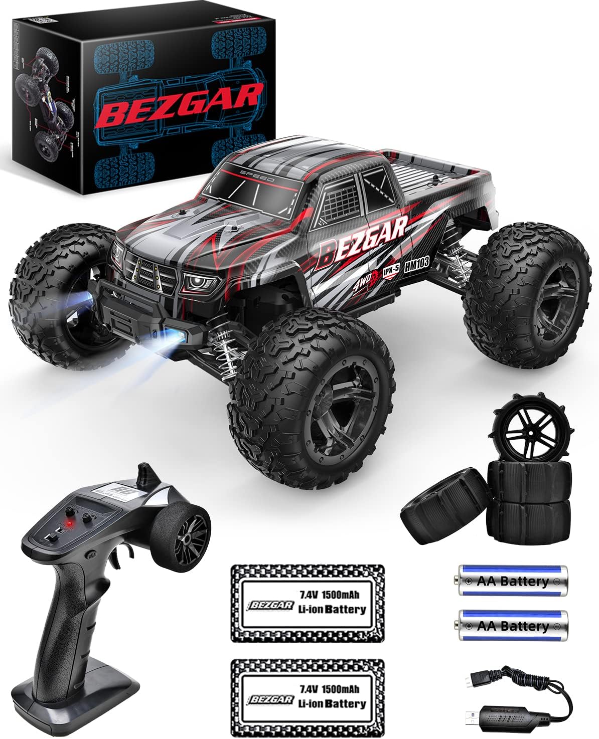 Remote Control Truck 4WD Waterproof RC Car with 2 Rechargeable Batteries V6940