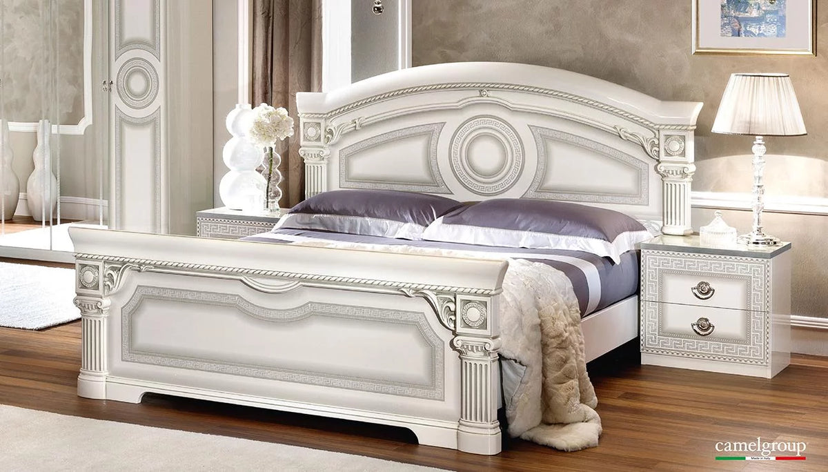 Glossy White Silver Finish King Platform Bedroom Set 3Pcs J312111