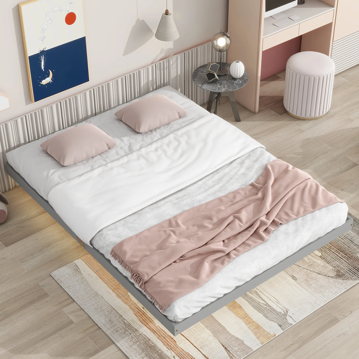 Queen Size Grey Floating Platform Bed with LED Lights E322