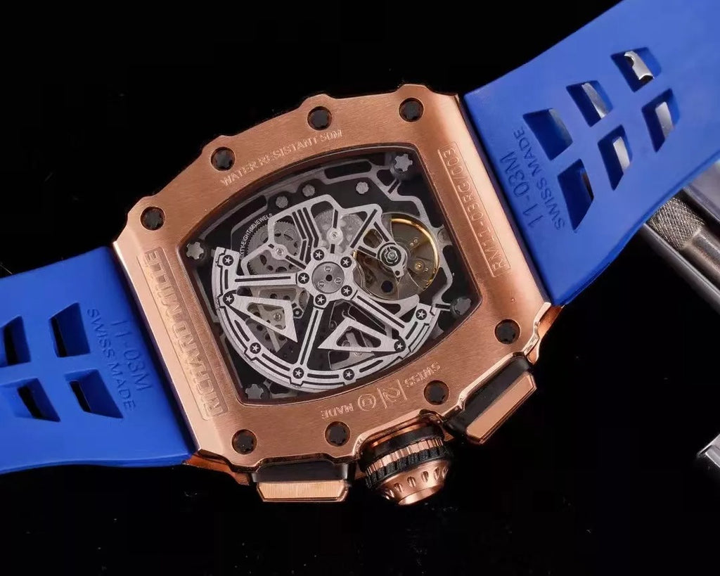 Blue Dial Rose Gold Bezel Rubber Strap Skeleton Watch X187
