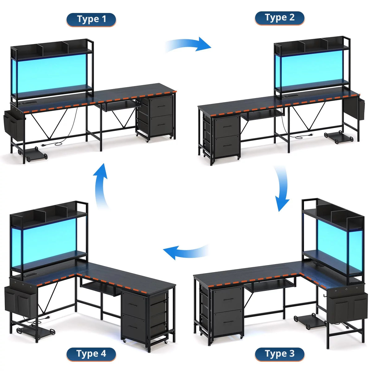 L Shaped Computer Desk with Power Outlet and LED Strip, Black Y5729