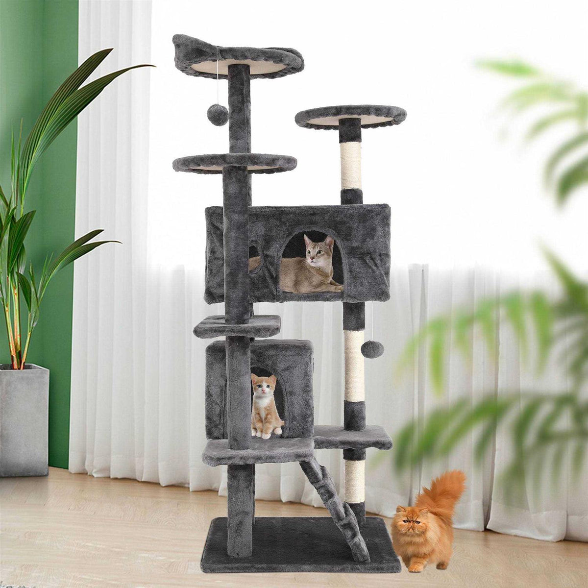 54-in Double Condo Cat Tree Tower Playhouse with Scratching Post & Perch I695829