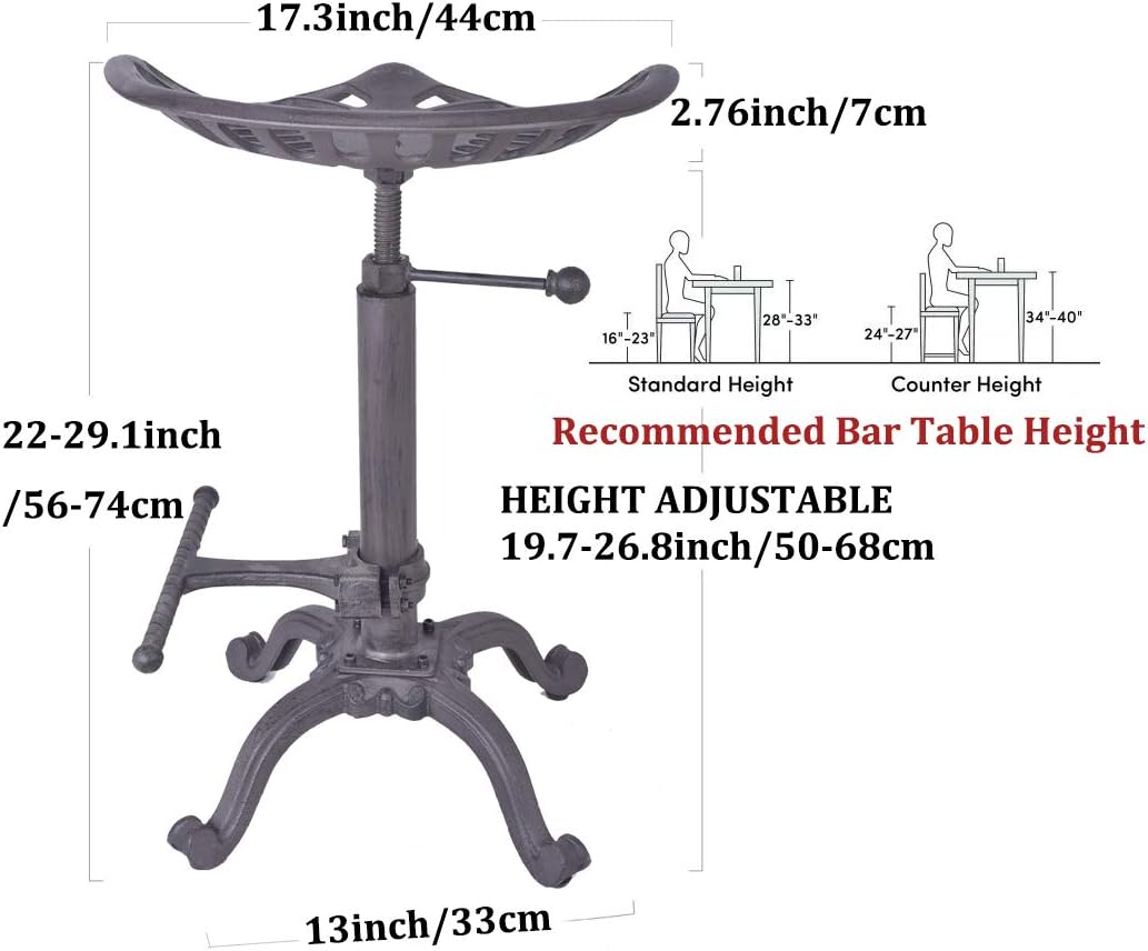 Industrial Bar Stool with Cast Iron Tractor Seat, Adjustable Counter Height Swivel Metal Stool F65033