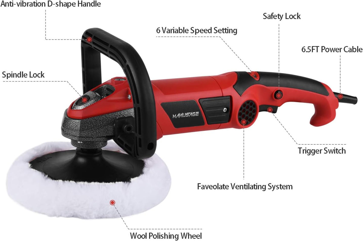 7-Inch Rotary Buffer Polisher, 10Amp Variable Speed Car Polisher, D Shape Detachable Handle, Wool Polishing Wheel U557563