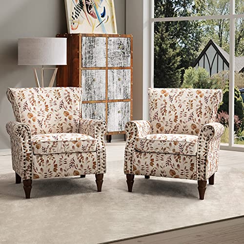 Blue Floral Pattern Upholstered Accent Chair with Wood Legs B36056