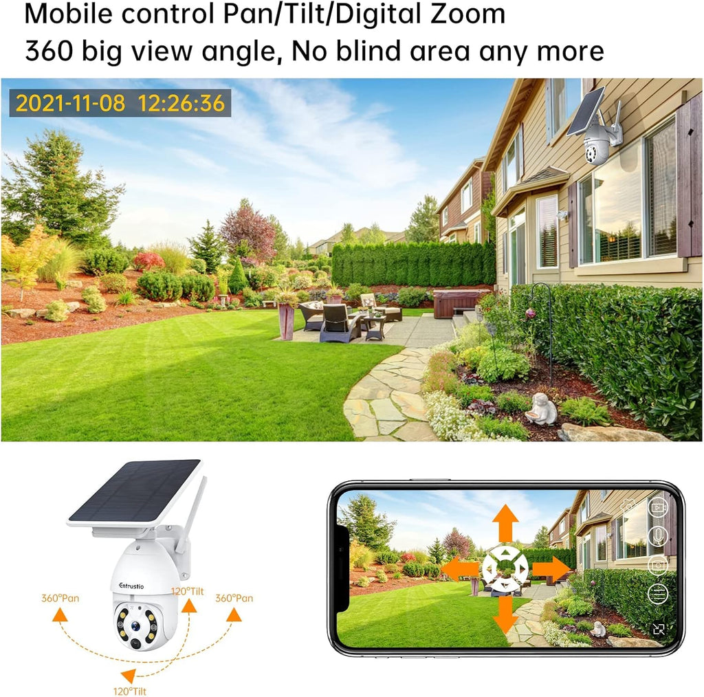 Solar Security Camera Outdoor, Wireless 360° Pan Tilt, Solar Powered, 2.4G WiFi Z6487