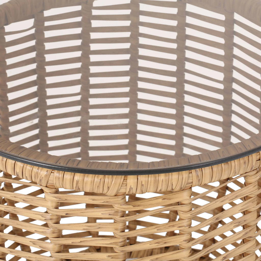Light Brown Wicker Side Table with Tempered Glass Top U446947
