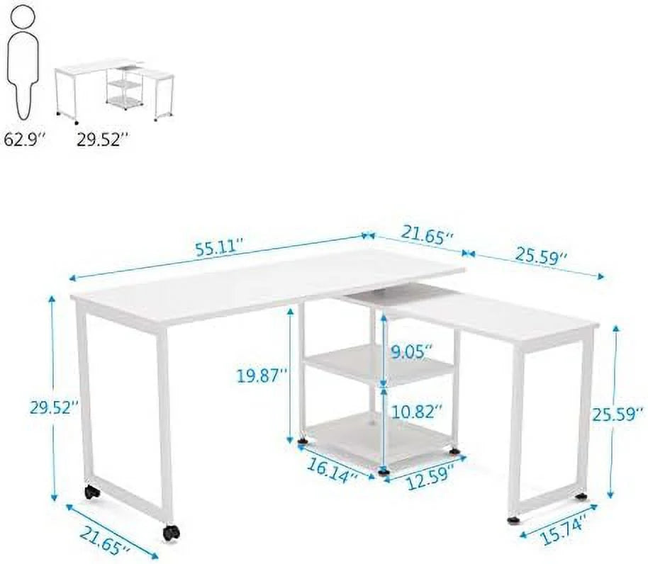 L-Shaped Desk 55 inch Reversible Corner Computer Desk with Shelves White A71229