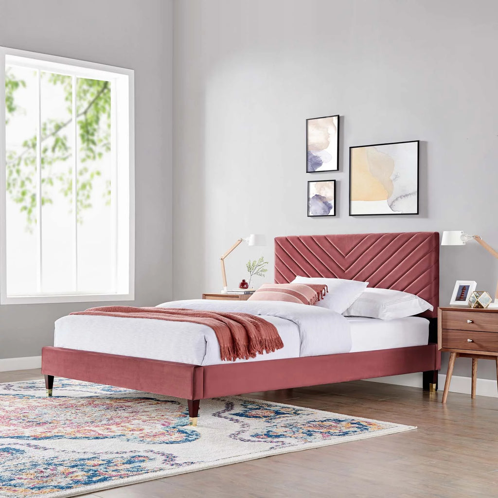 Queen Size Pink Velvet Platform Bed Frame F5652