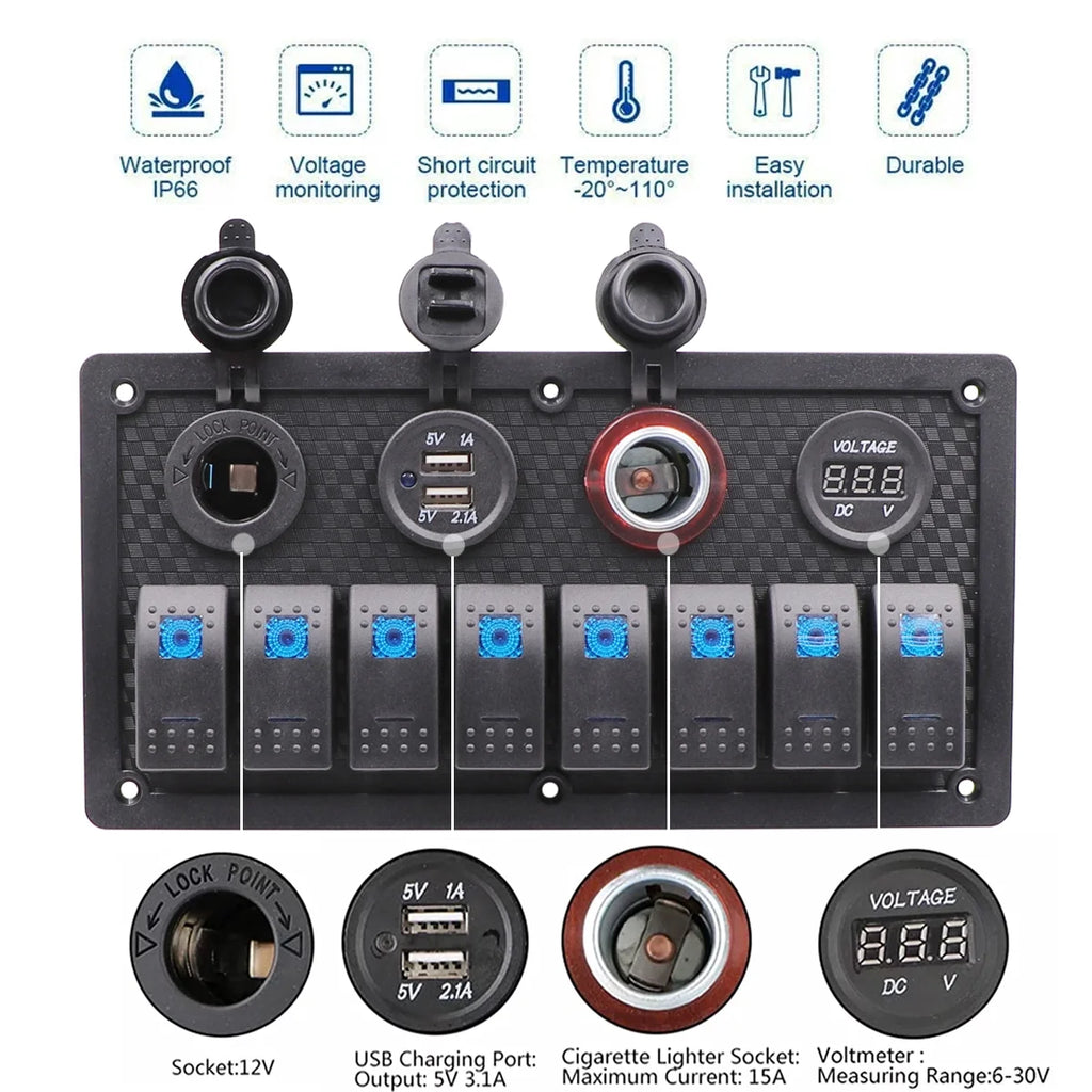 8 Gang Blue Backlit 12V Pre-wired Switch Panel with Dual USB Charger Digital Voltmeter Cigarette Lighter R905350