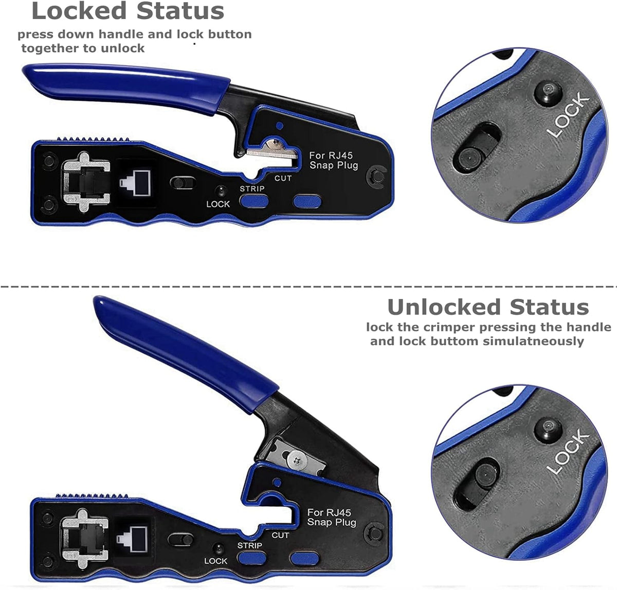 RJ45 Crimp Tool Ethernet Cable Crimper Wire Cutter Stripper Network Pass Through Crimping Tool Kit for Cat5e Cat6 Cat6a, 50Pcs Cat6 Connector & 50Pcs Cat6 Protector Cover S263