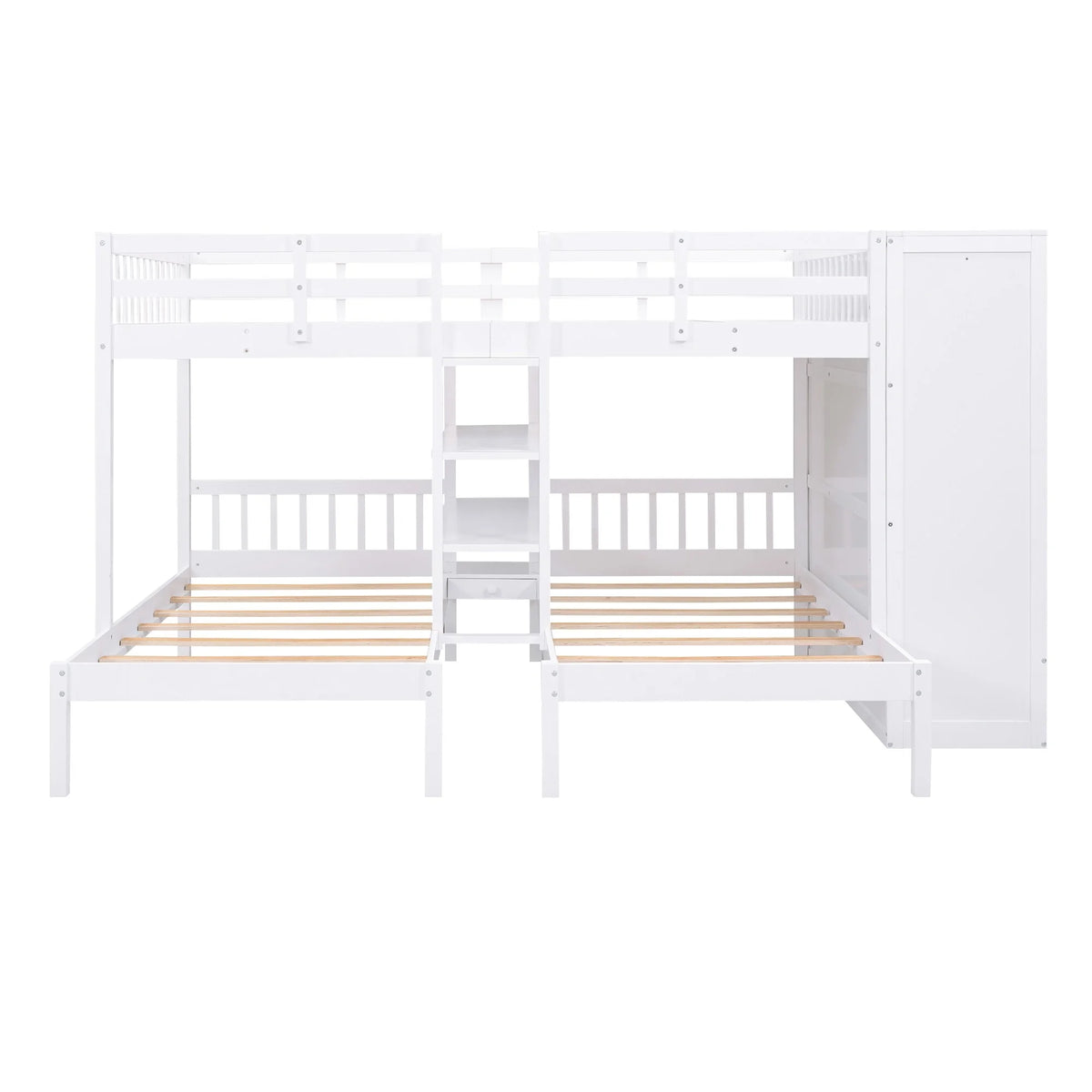 White Full-Over-Twin-Twin Bunk Bed with Shelves, Wardrobe, Mirror, and Storage V236