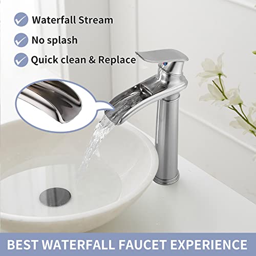 Brushed Nickel Waterfall Vessel Sink Faucet with Pop Up Drain O782219