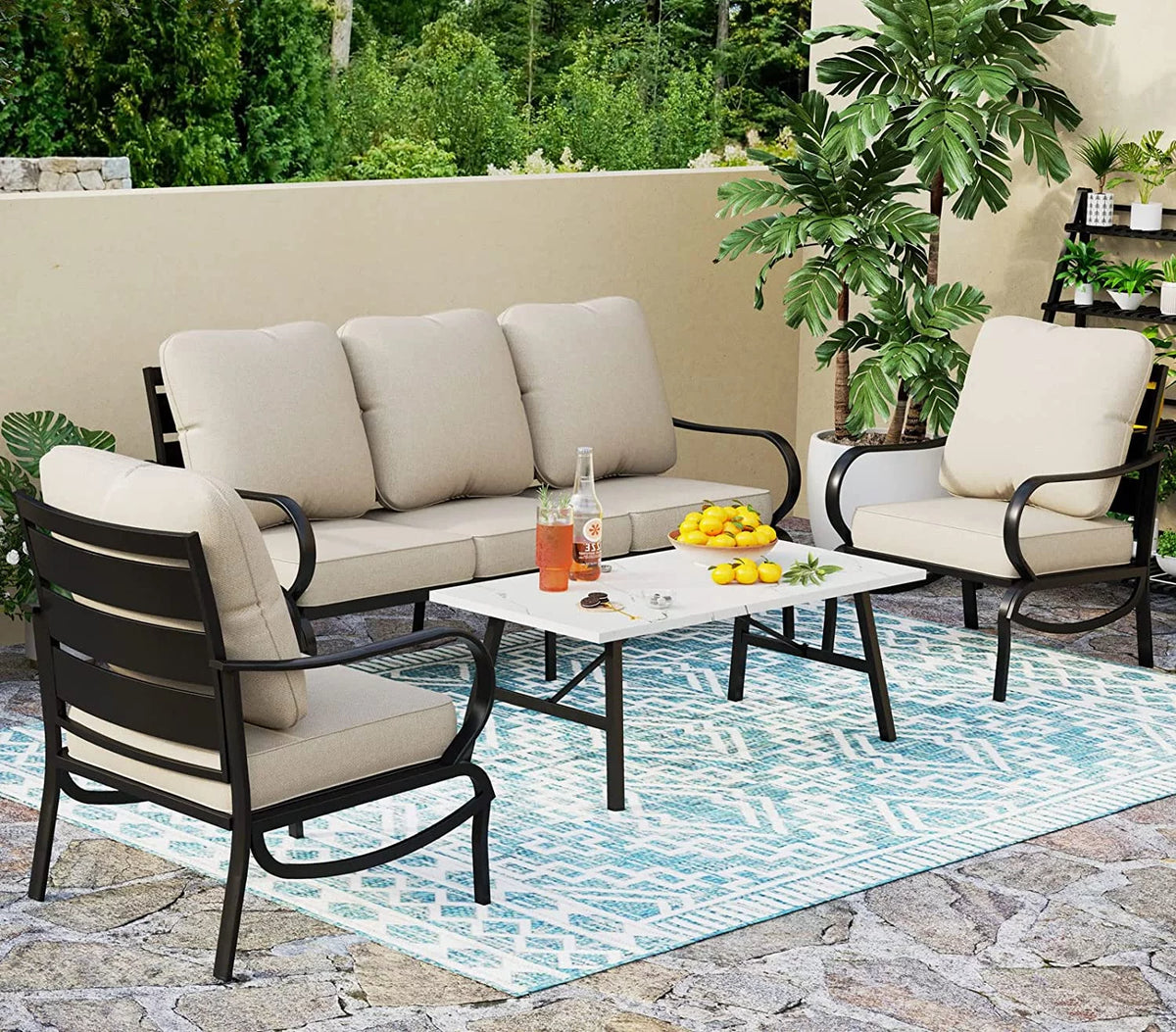 4 Piece Metal Patio Conversation Set with Sofa Chairs and Seating Bench X534200