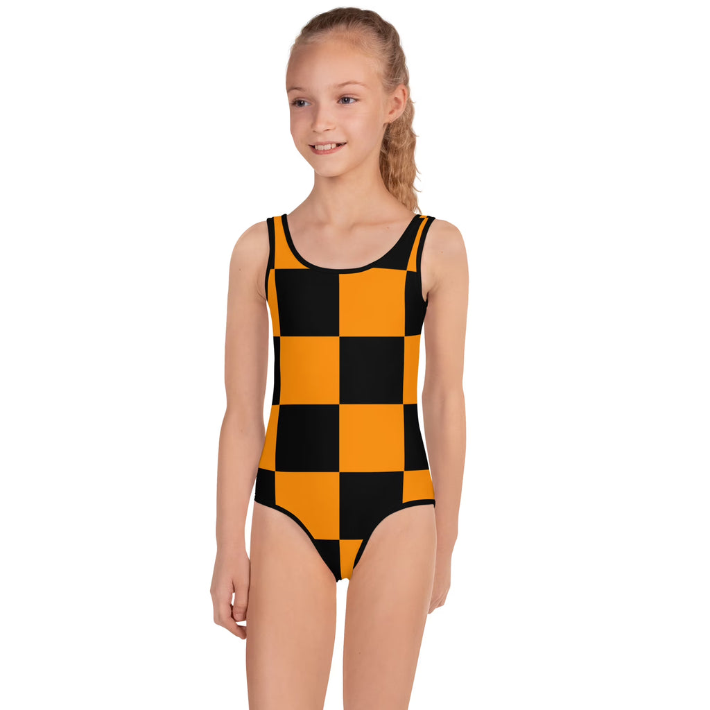 Black and Orange Checker Kids One Piece Swimsuit X392160
