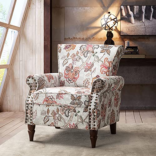Blue Floral Pattern Upholstered Accent Chair with Wood Legs B36056