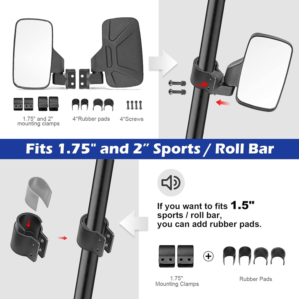 UTV Centre View & Side View Mirror for 1.5''-2'' Roll Cage Bar w/ Pair Grab Handle Set L57784